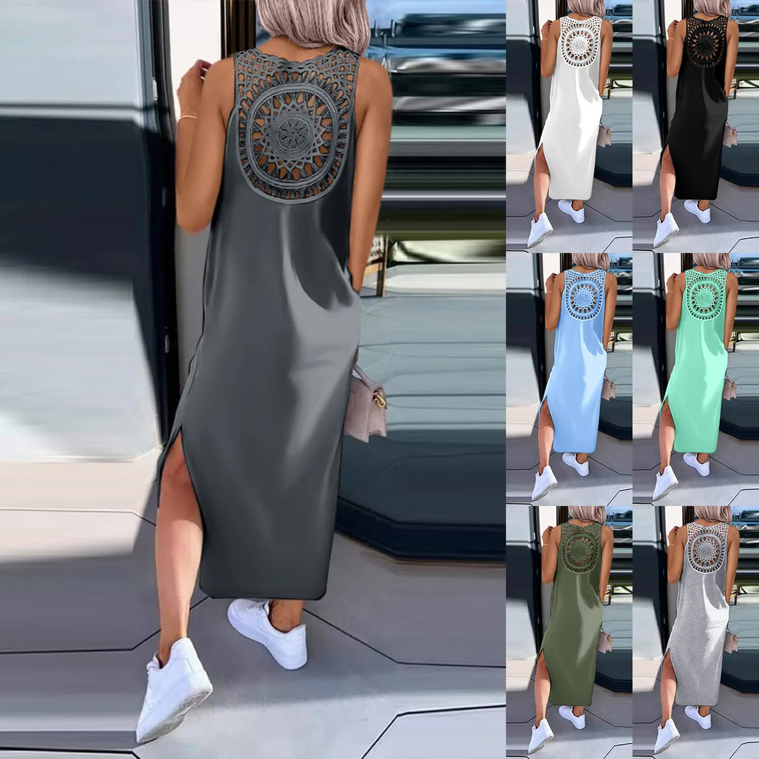 Hollow Out Solid Long Dress Women Fashion Sleeveless O-neck Maxi Dresses For Women 2024 Summer Women's Slim Split Vestidos Black