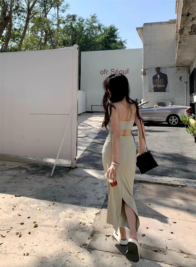 Sexy Spicy Girl Hollow Backless Back Camisole Dress Women's Summer Y2k Clothing Party Bodycon Dresses Split Wrapped Hip Sundress
