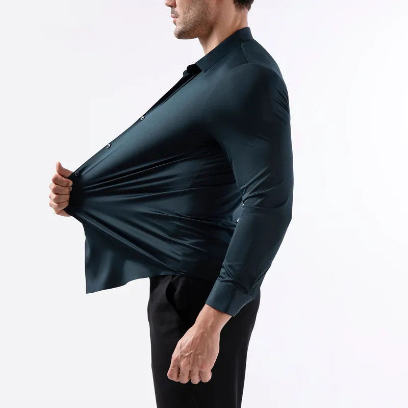 100 KG Non-Iron Four-way stretch Men's Long Sleeve Shirt Silky Foreign Trade Cross-Border Amazon Euro Men's TopS Shirts