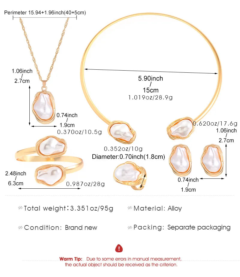 Elegant Baroque Imitation Pearl Choker Necklace Bangles Ring Earrings Set Women Chunky Circle Open Torques Collar Jewelry Set