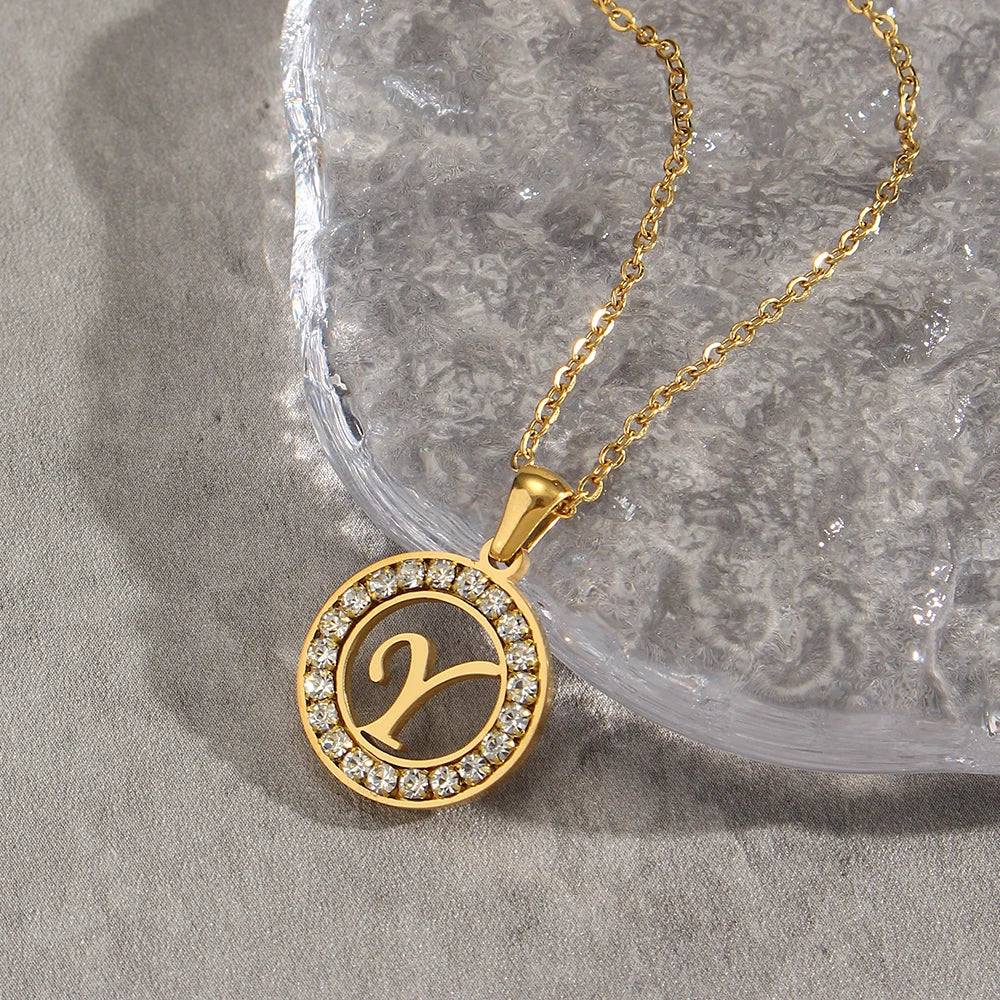 E.B.belle Hollow Round Zircon Paved 26 Alphabet Initial Necklace Ladies Elegant Birthday Gift 18K Gold Plated Letter Necklace