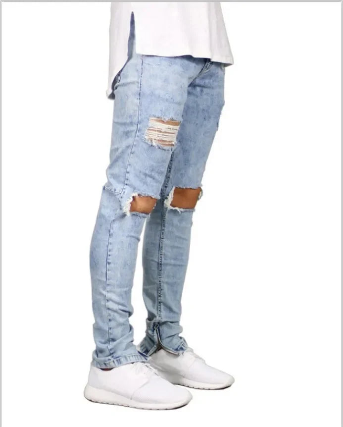 European and American High Street Men's Fashion Ripped Jeans with Zipper At The Ankle, Slim-fit, Spring and Summer Style.