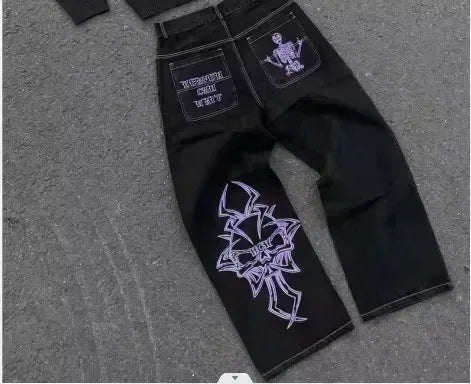 Gothic Vintage Jeans Y2K Clothes Men Women Harajuku Pocket Embroidery Retro Blue Baggy Jeans High Waist Slim Flared Trousers
