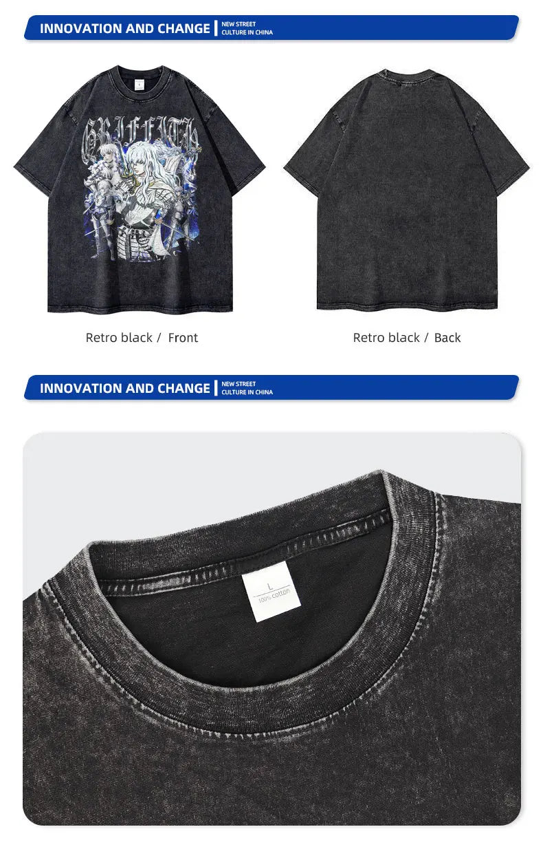 Griffith T-shirts Oversized Streetwear Vintage Washed Anime Kenpuu Denki T Shirt Short Sleeve Retro Manga Guts Tops Tees Men