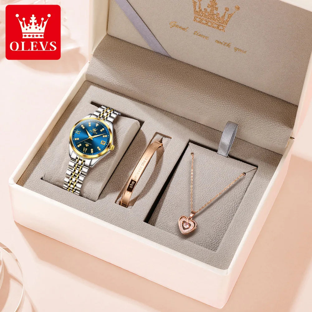 OLEVS 9801 Womens Watch Luxury Fashion Waterproof  Automatic Mechanical Watch Stainless Steel Diamond Date Ladies Watch Set