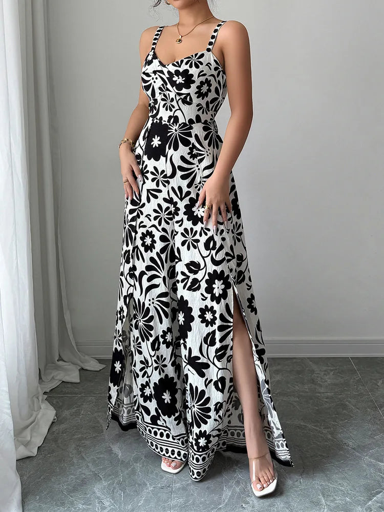 Jumpsuits Sleeveless Women V Neck Print Rompers Wide Leg Length Pants Jumpsuit Sexy High Waist Slight Strech Loose One Piece