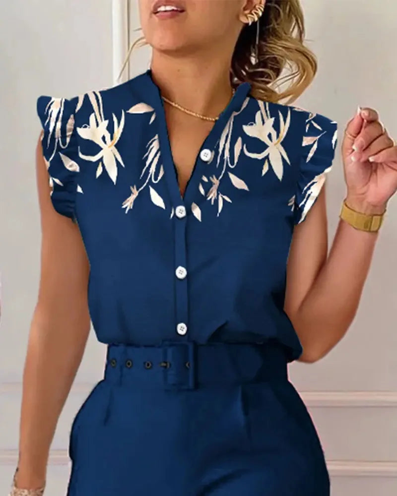 Spring Summer Women's New Printed Lotus Leaf Sleeveless Shirt Suit Elegant Slim Femal Office  Long Pants Belt Two Piece Set 2025