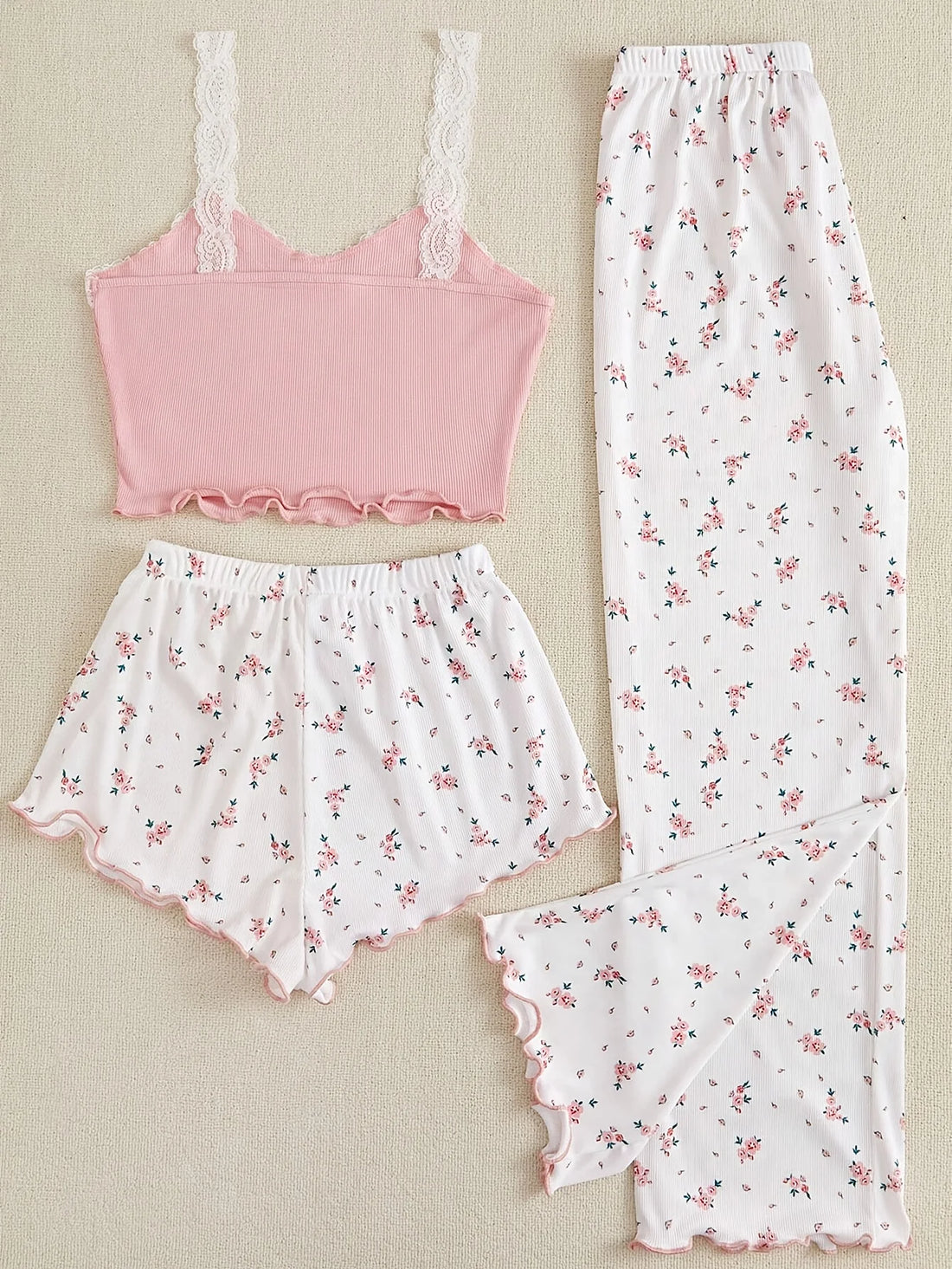 Summer 3-PCS Women's Pajamas Set with V-Neck Knitted Lace Suspender Floral Print Shorts Paired with Pants Casual Sleepwear