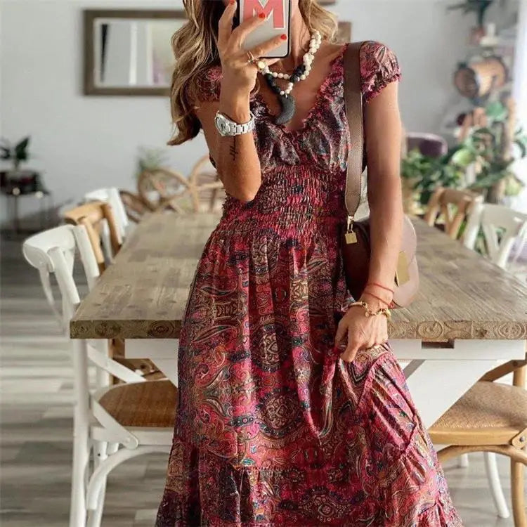 Women's Summer Bohemian Style 2024 New Dress With A Waistband Fashionable Floral Print Petal Sleeves Large Hem A-line Dress
