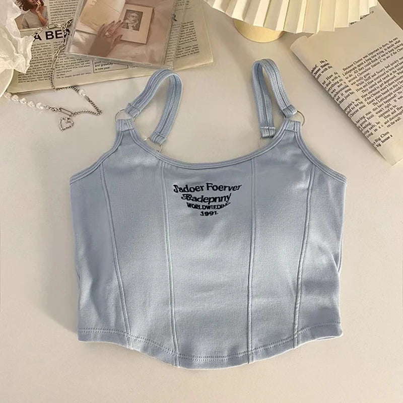Women Embroid Letter Tank Tops With Bra Pad Casual Camis Y2K Crop Tops For Women Shoulder Belt Iron Ring Tank Tops