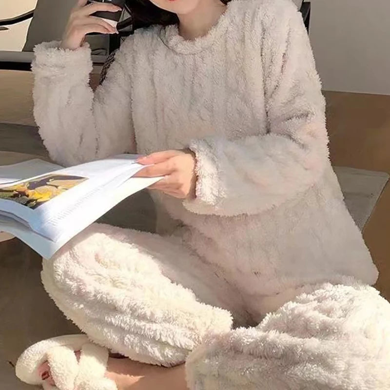 Autumn Women Solid Warm  Thicken Velvet Ribbed Fleece Set Pullover And Pants Women Casual Pajama Sets 2024