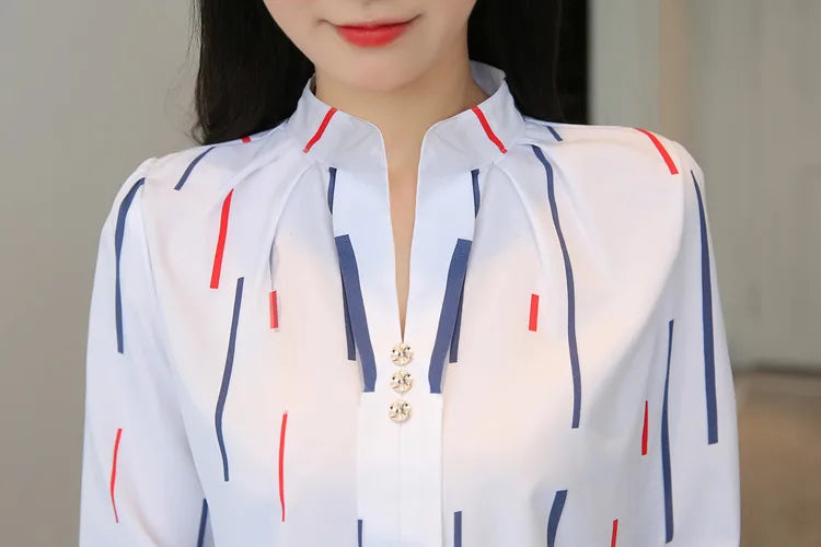 Stripe Women Blouse Fashion Standing Collar Women's Shirt Long Sleeved Shirts and Blouses Printing Ladies Tops Basic Womens Tops