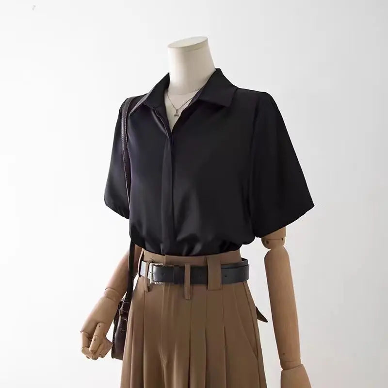 Summer Women's Blouse Casual Loose Short Sleeve Ladies' Shirt Fashion White Pullover Button Up Female Clothing Elegant Waman Top