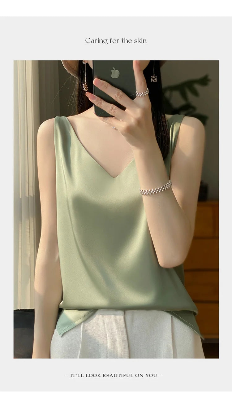 2024 New Silk Satin Women's Tank Top Basic V-neck Multi Color White Black Women's Sleeveless Top Summer Sexy Bottom