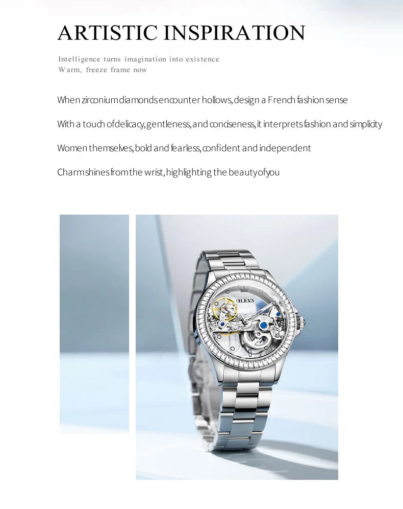 OLEVS Luxury Women Automatic Mechanical Watch Stainless Steel Diamond Inlay Fully Hollow Design Luminous Dial Elegant Wristwatch