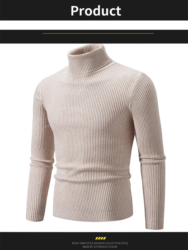 Spring Autumn New Men's High Neck Sweater Solid Color Pullover Knitted Tight Warm Top Casual Turtleneck Versatile Inner Matching