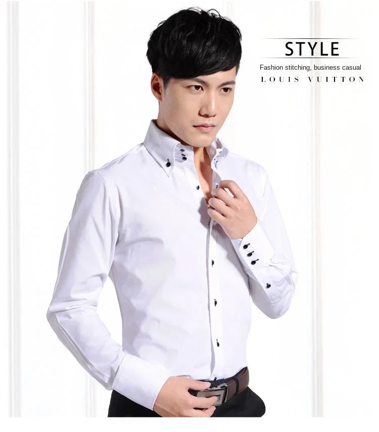 Dress Shirt for Men Button-down Collared Formal Business Long Sleeve Casual Korean Fashion Slim Fit Male Designer Shirts White