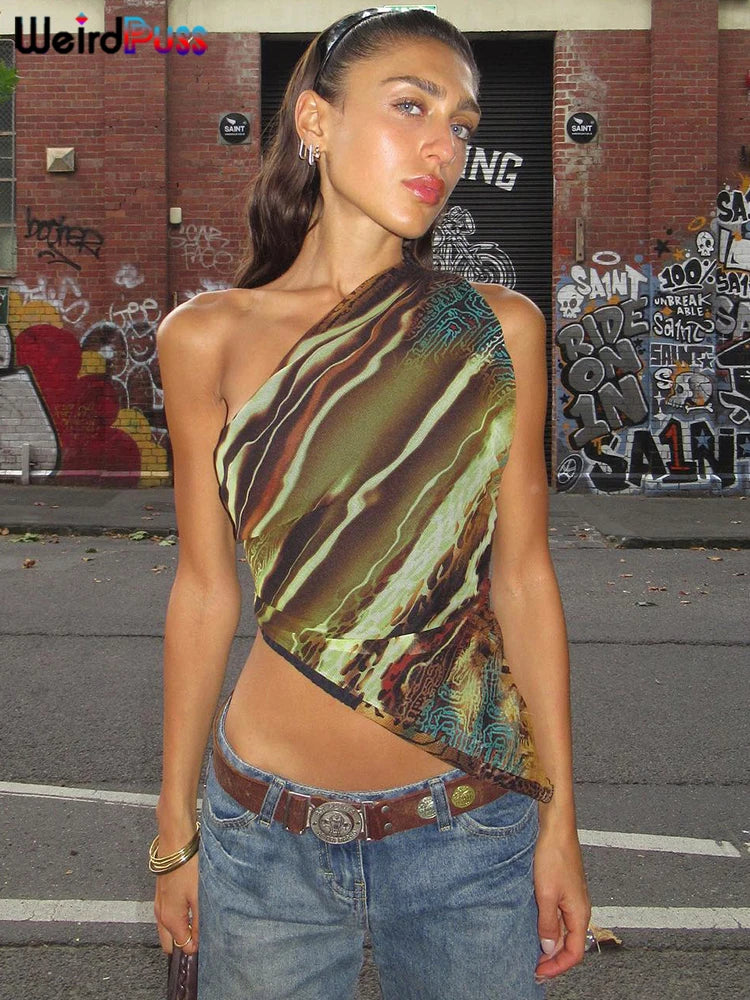 Weird Puss Inclined Shoulder Tank Tops Women Y2K Summer Irregular Sleeveless Skinny Elastic Wild Streetwear Casual Colorful Tees
