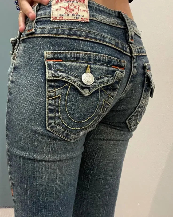 Gothic Vintage Jeans Y2K Clothes Men Women Harajuku Pocket Embroidery Retro Blue Baggy Jeans High Waist Slim Flared Trousers