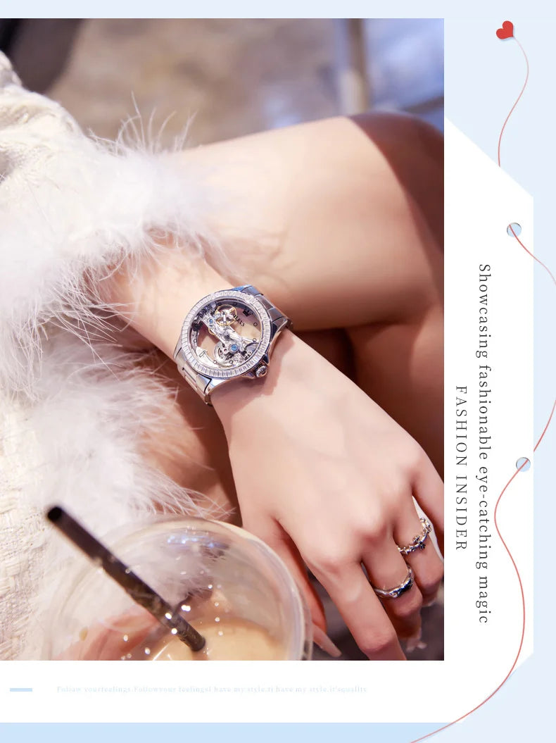 OLEVS Luxury Women Automatic Mechanical Watch Stainless Steel Diamond Inlay Fully Hollow Design Luminous Dial Elegant Wristwatch