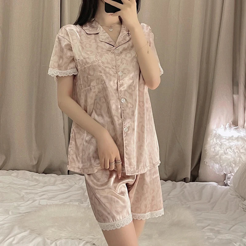 Cartoon Black Cat Cute Women Two-piece Pajamas Simulated Silk Summer Cool Short Lady Sleepwear 2024 New Classic Female Housewear