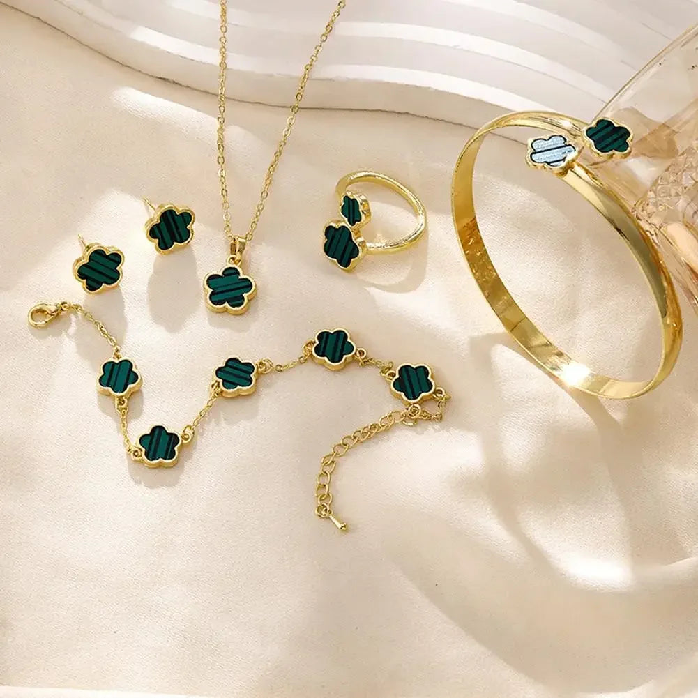 5pcs/set Luxury Quality Jewelry Sets Plum Blossom Plant Five Leaf Flower Women's Earrings Rings Bracelet Necklace Bangles Gift