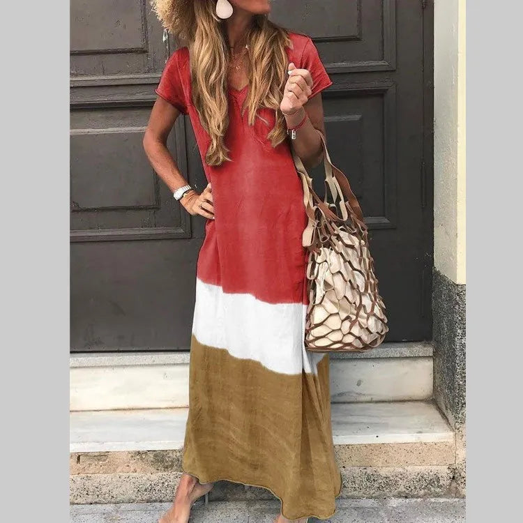 Casual Loose Contrasting Colors Long Dresses Women Fashion Summer V-neck Short Sleeves Maxi Dress Female Commuting Vestidos New