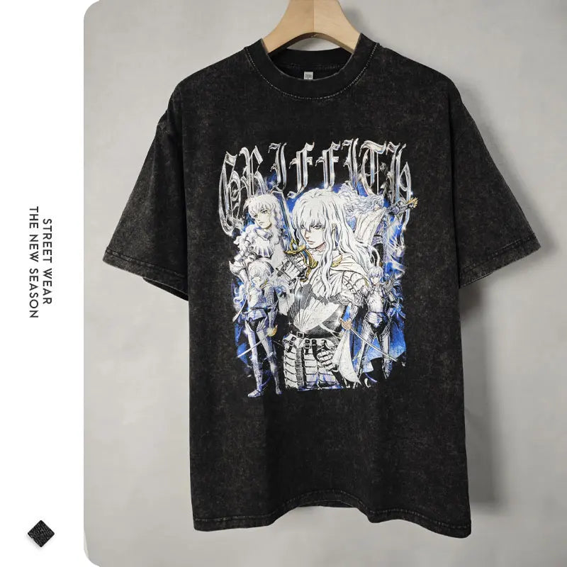 Griffith T-shirts Oversized Streetwear Vintage Washed Anime Kenpuu Denki T Shirt Short Sleeve Retro Manga Guts Tops Tees Men