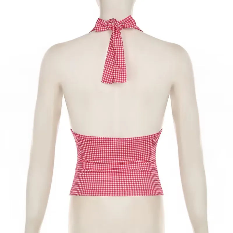 Women Sexy Halter Deep V Neck Top Slim Fit Backless Crop Tank Top Y2k Polka Dot Open Back Sleeveless Cami Tops