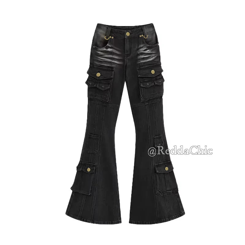 REDDACHiC Black Low Waist Cargo Jeans 2000s Distressed Whiskers Multi-pocket Stretch Bootcut Pants Women Retro Grunge Streetwear