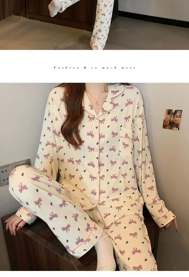Spring and Autumn New Women's 2025 Printed Wrinkled Cloth Pajamas Girls Long-Sleeved Sweet Small Flowers Pajamas Homewear Set