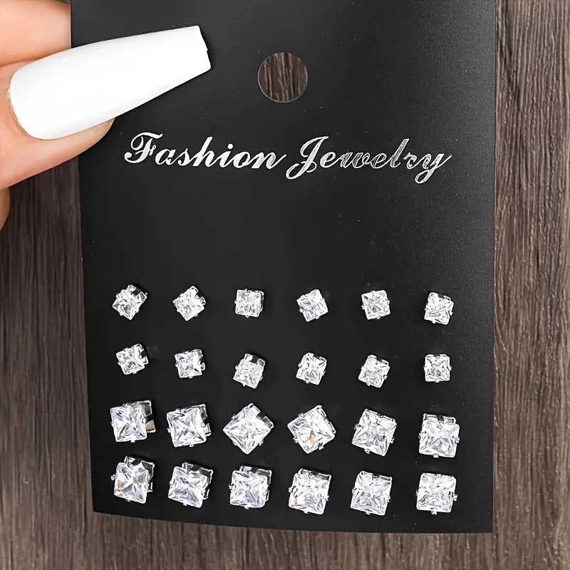 Simple, Elegant and Fashionable 48 Piece Zircon Earring Set, Women's Shiny Round and Square Cut, Stainless Steel Earrings