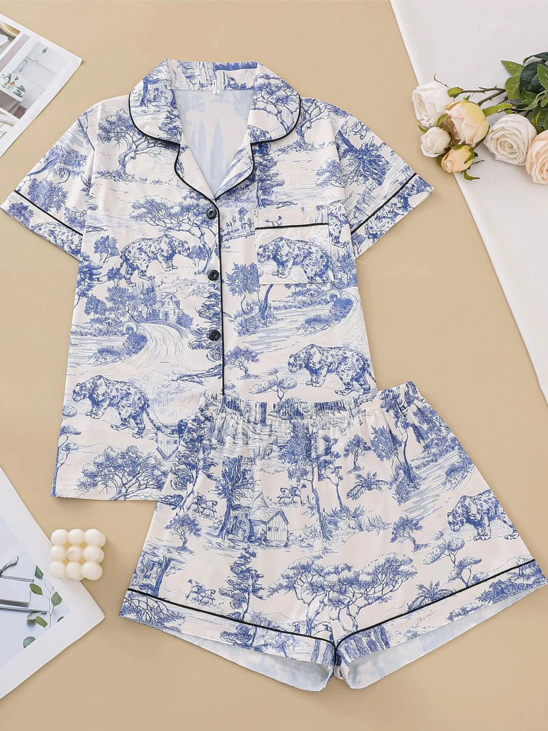 Natural animal print pajama set comfortable short-sleeved lapel top and elasticated waistband shorts women's loungewear