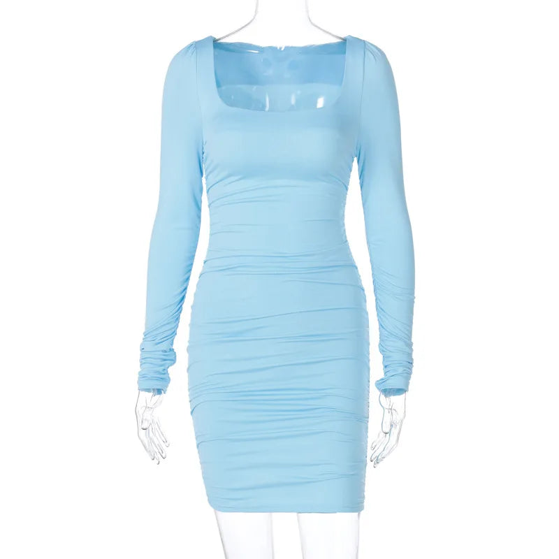 Elegant Square Collar Long Sleeves Folds Slim Bodycon Dress Women Solid Color Skinny Mini Dress Sexy Club Party Vestidos