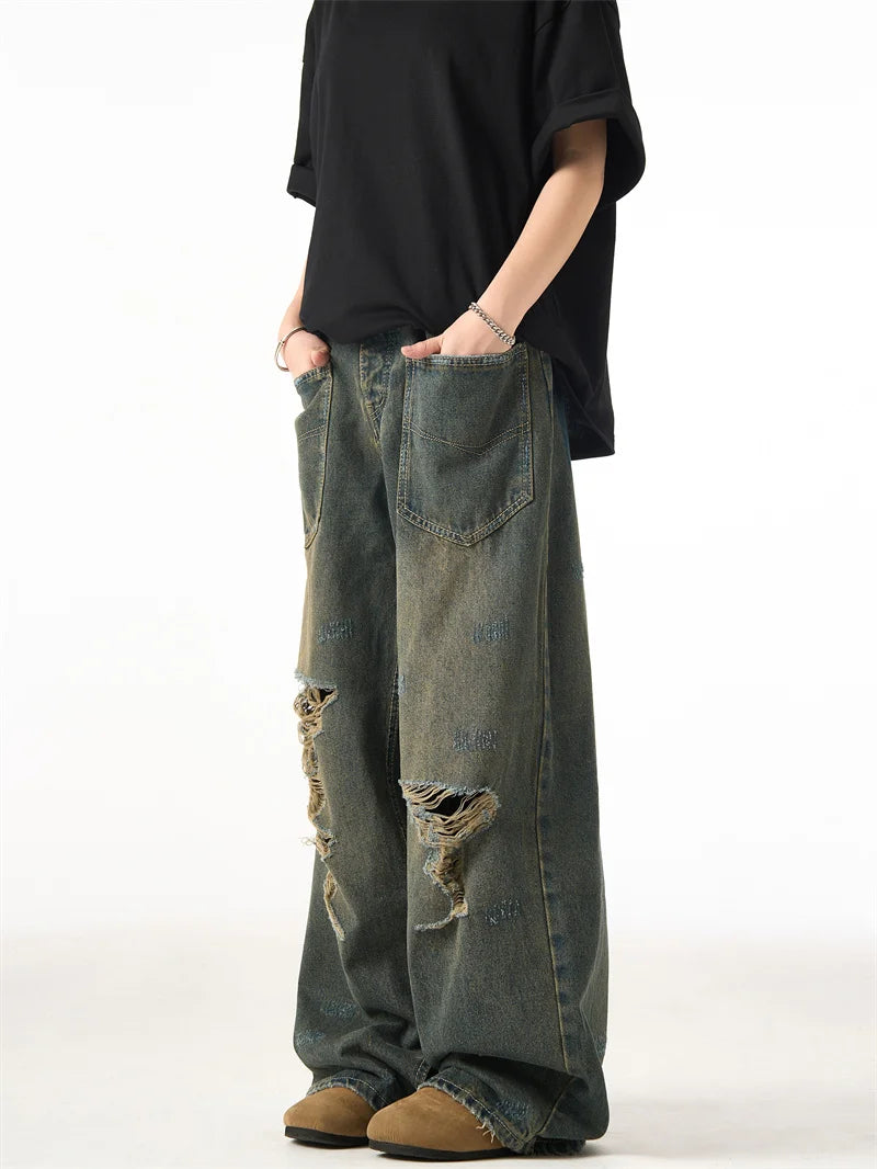 Spring American Retro Ripped Wide-leg Jeans For Men High Street Fashion Distressed Baggy Denim Pants 2025 New Casual Y2K Jean