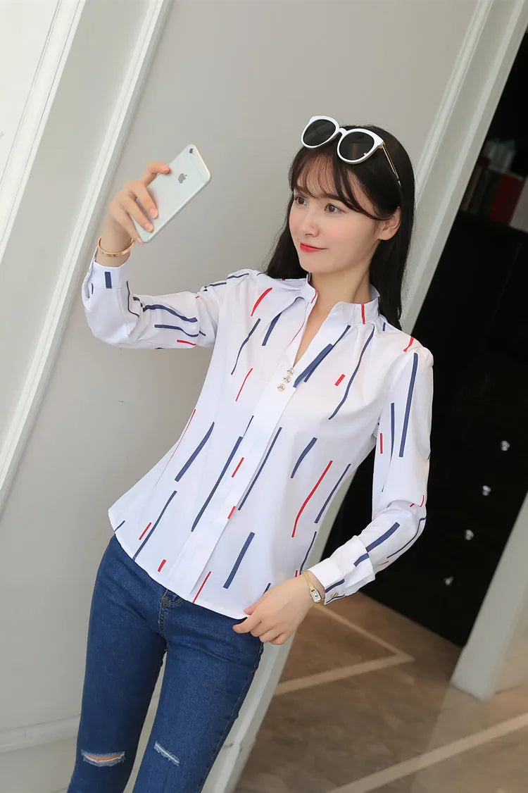 Stripe Women Blouse Fashion Standing Collar Women's Shirt Long Sleeved Shirts and Blouses Printing Ladies Tops Basic Womens Tops
