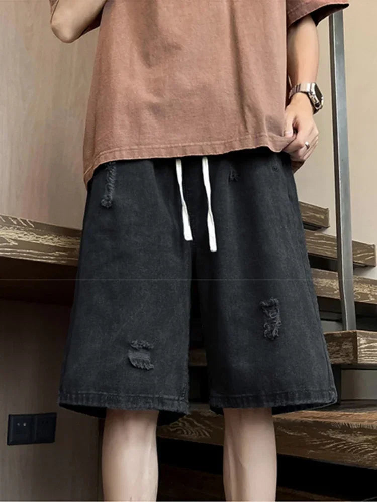 Summer Baggy Ripped Jorts For Men Y2K Streetwear Denim Shorts Retro Casual Shorts Pants Wide Leg Straight Blue Bermuda Jean