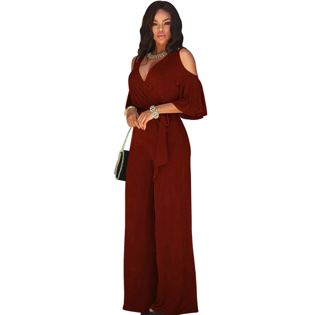 Spring Summer Solid Color Women Sexy Deep V Neck Short Sleeve Rompers Fashion Slim Fit Lace Up Elegant Female Wide Leg Jumpsuit
