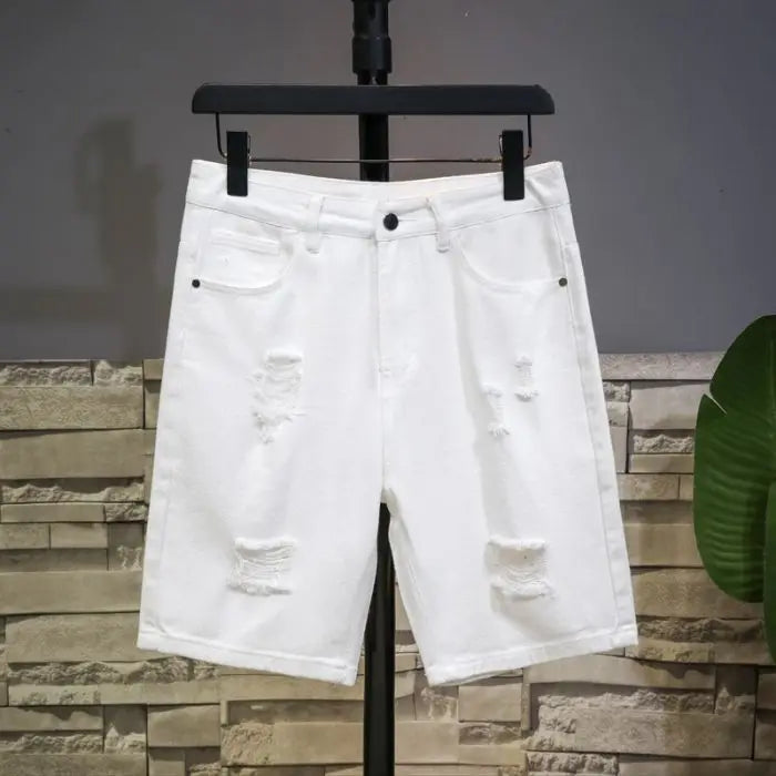 Streetwear Ripped Fashion Denim Shorts Men Summer Simple Hole Knee Length Pants Solid Straight Casual Short Jeans Male Shorts