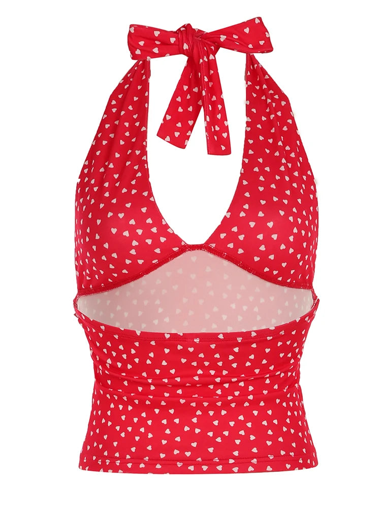Women Sexy Halter Deep V Neck Top Slim Fit Backless Crop Tank Top Y2k Polka Dot Open Back Sleeveless Cami Tops