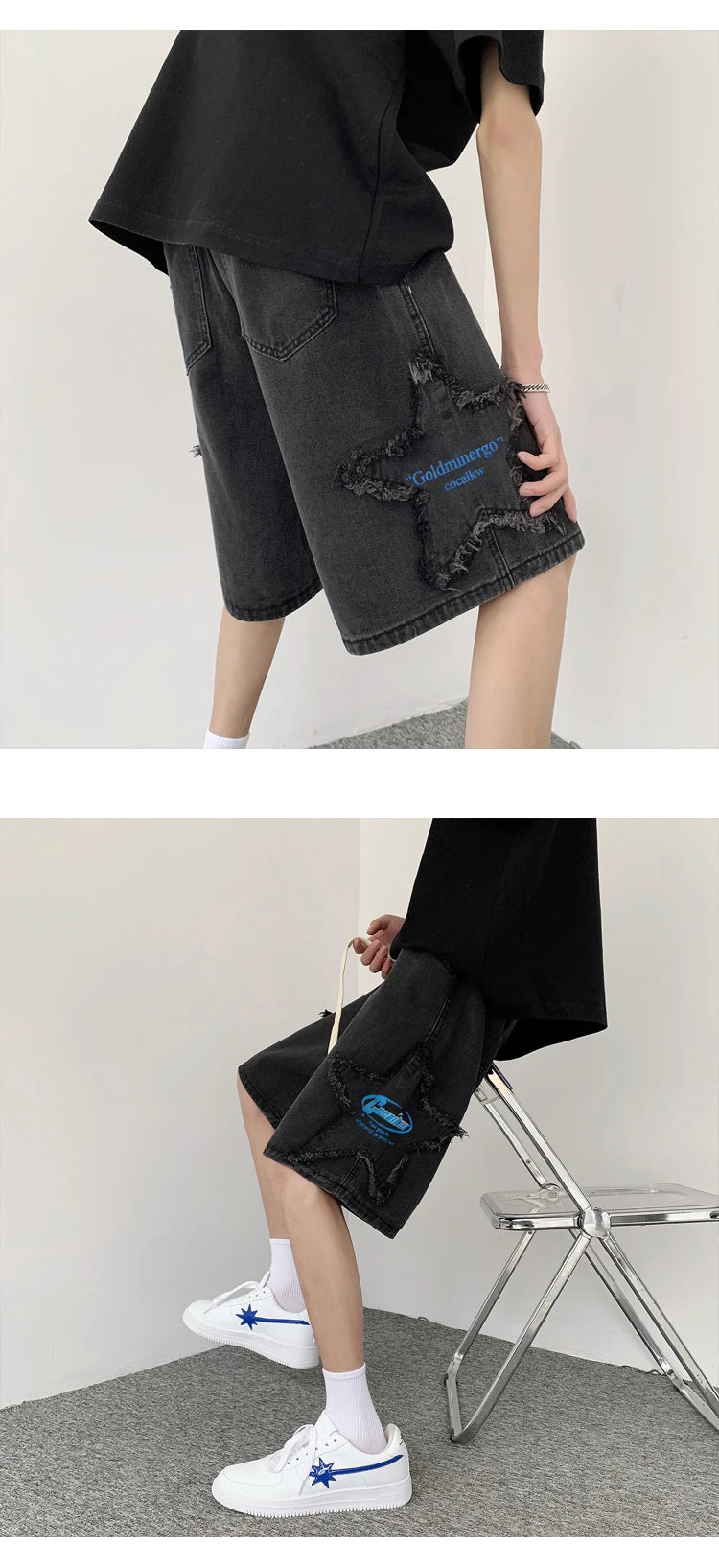 Summer Pentagram Patch Shorts Elastic Waist Letter Printed American Retro Casual Fashion Men Denim Knee-length shorts