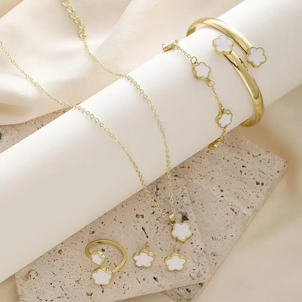 5pcs/set Luxury Quality Jewelry Sets Plum Blossom Plant Five Leaf Flower Women's Earrings Rings Bracelet Necklace Bangles Gift