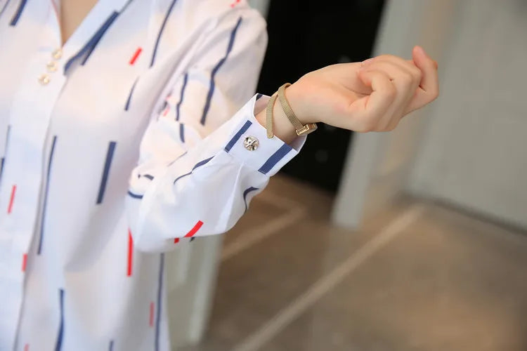Stripe Women Blouse Fashion Standing Collar Women's Shirt Long Sleeved Shirts and Blouses Printing Ladies Tops Basic Womens Tops