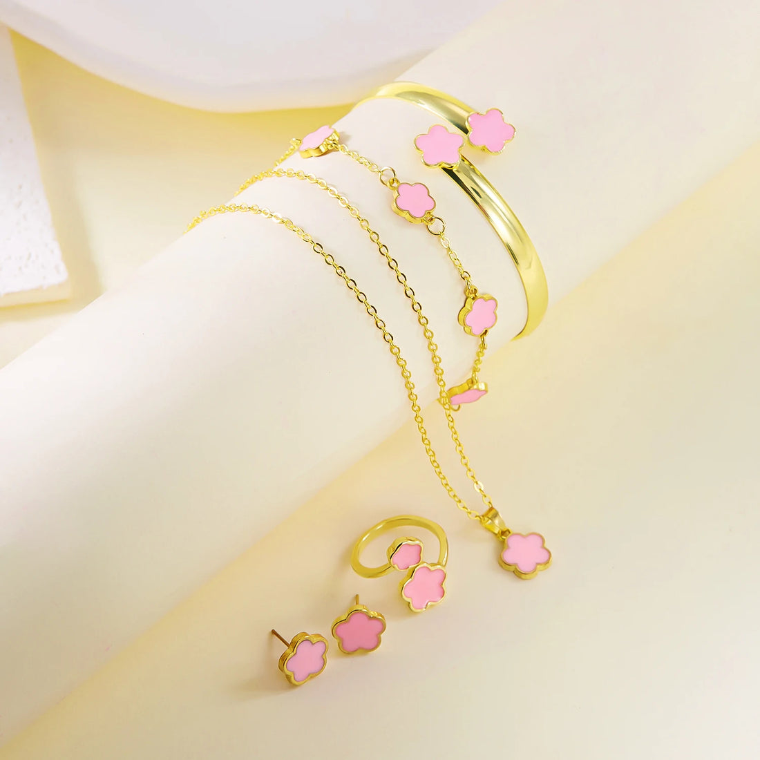 5pcs/set Colorful Enamel Plum Blossom Bracelets for Women Lucky Five Leaf Flower Necklace Earring Elegance Party Jewelry Gifts