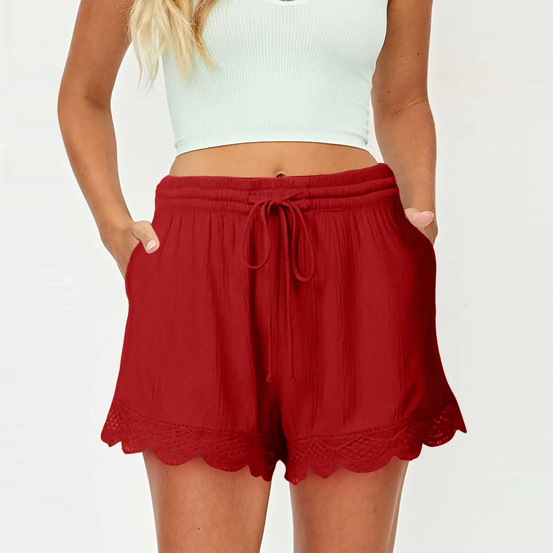 Ladies’ Casual And Versatile Solid Color Patchwork Lace Drawstring Shorts Basics Comfortable High Quality Plus Size Summer Pants