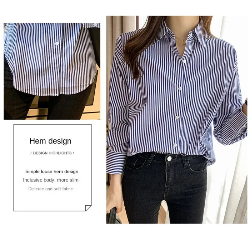 Korean Loose Shirt Classic Striped Woman Spring Autumn Blouses Shirt Lady Long Lantern Sleeve Stand Collar Loose Blusas Tops