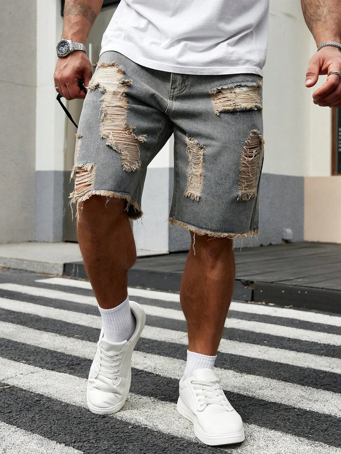 Summer New Men's Fashion Stretch Denim Shorts Retro High Street Style Old Slim Fit Short Jeans Splicing Design Cotton Brand