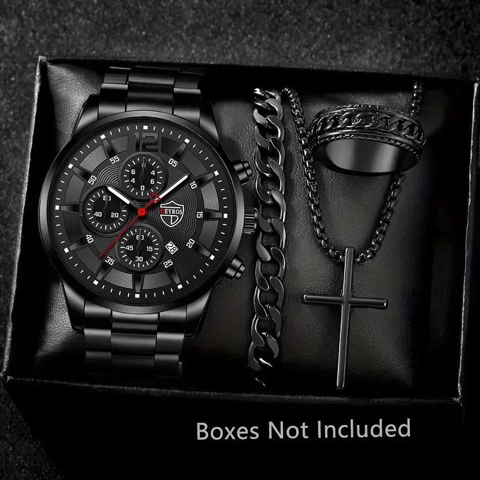 4pcs Classic Black Men's Watch Quartz Watches Are Suitable for Everyday Wear