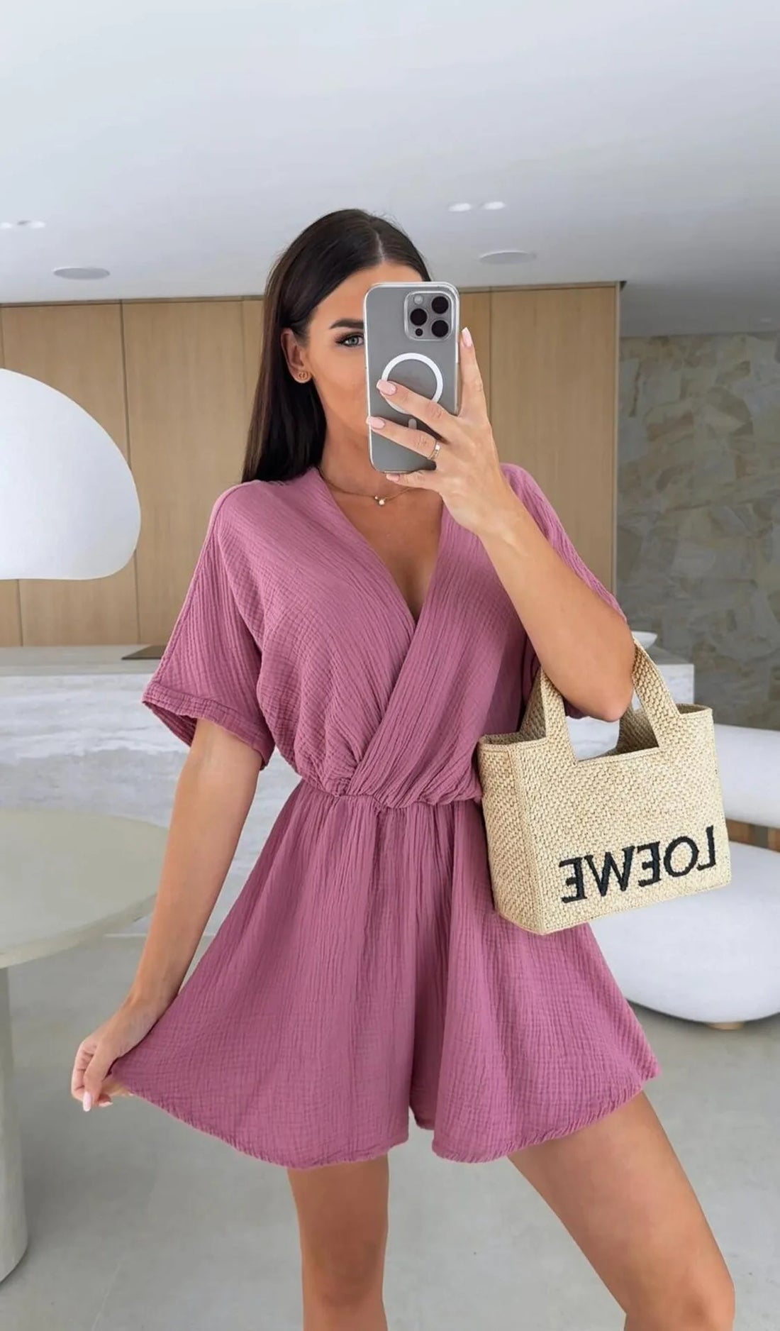 Summer Women's Jumpsuit Short Sleeved V-neck Fashionable Casual Waist Cinched Solid Color Jumpsuit