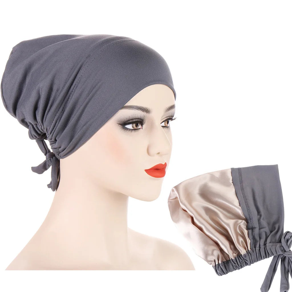 Double Layer Satin Hijab Cap for Women, Islam Undercap with Tie Bonnet, Instant Hijabs, Turkish Scarves, Muslim Turban, Bandana